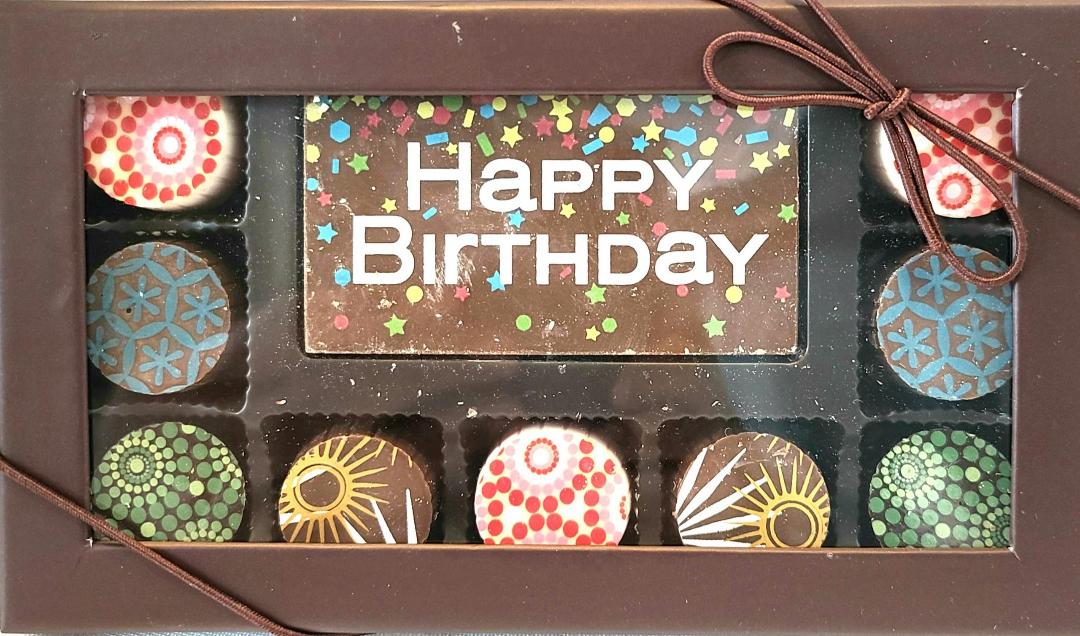 9 Piece Artisan Truffle Box + Happy Birthday Square 5.9 oz